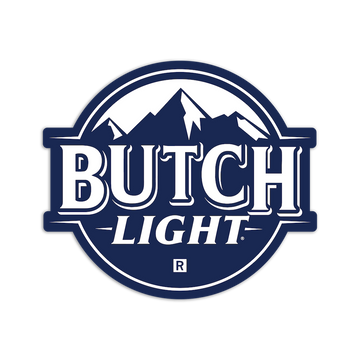 A die-cut vinyl sticker featuring the text BUTCH LIGHT in white letters with a dark blue outline, set inside a circular frame with a mountain peak illustration at the top.