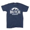 Heather navy short sleeve shirt with white print of a mountain range and text below it that reads "Butch Light.