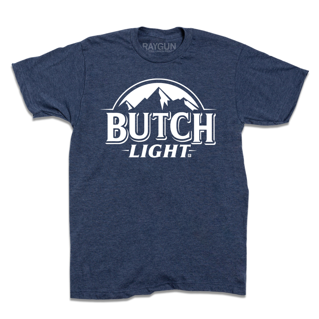 Heather navy short sleeve shirt with white print of a mountain range and text below it that reads "Butch Light.