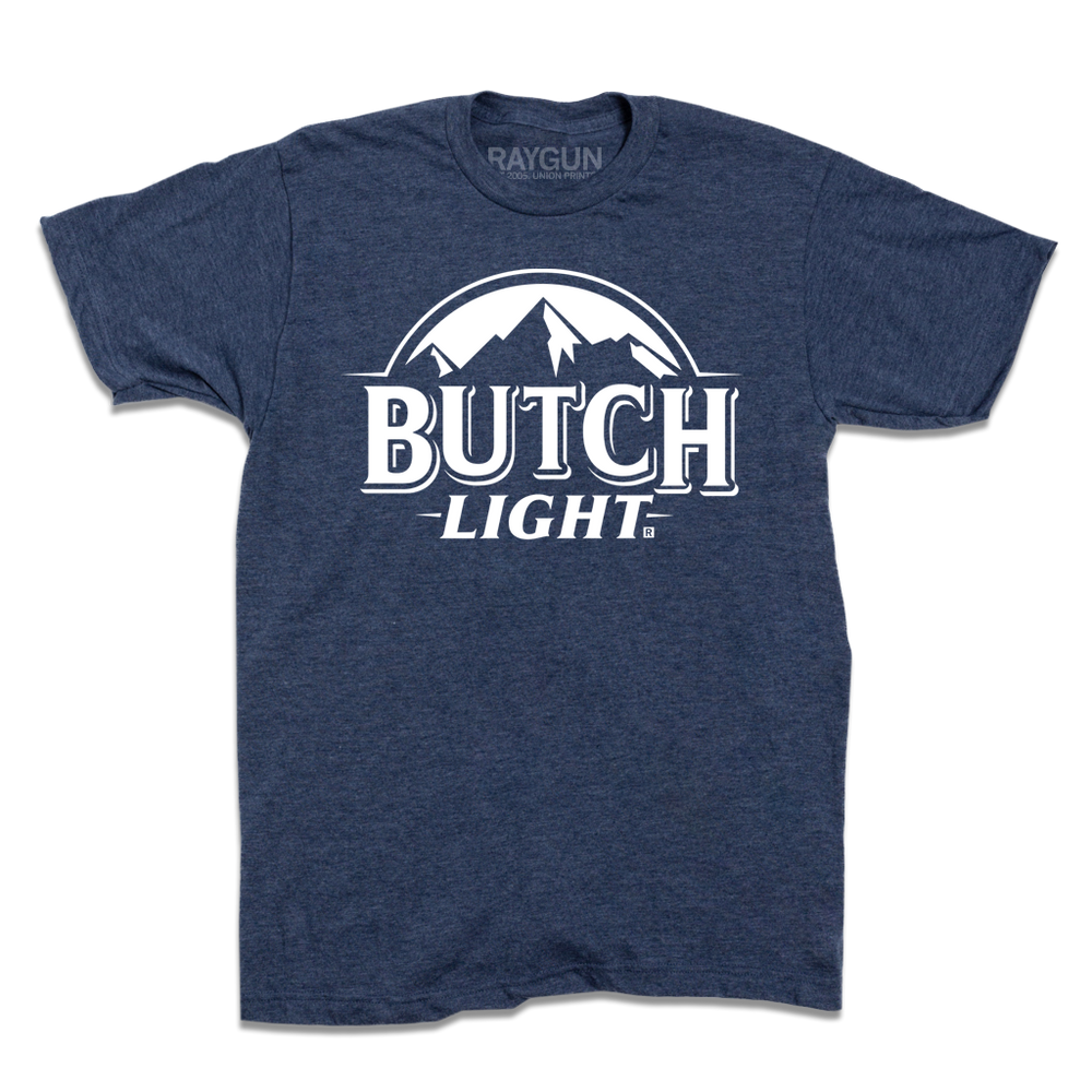 Heather navy short sleeve shirt with white print of a mountain range and text below it that reads "Butch Light.
