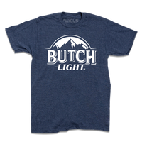Heather navy short sleeve shirt with white print of a mountain range and text below it that reads "Butch Light.
