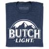 A heather navy t-shirt with white print that reads "Butch Light." beneath an illustration of a mountain range.