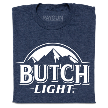 A heather navy t-shirt with white print that reads "Butch Light." beneath an illustration of a mountain range.