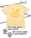 Yellow garment-dyed t-shirt featuring a Butter Cat graphic, surrounded by speech bubbles from a cartoon dog and cat discussing the shirt.