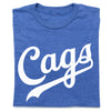 Blue crew-neck RAYGUN t-shirt with the word Cags printed in white script across the front, made with union labor.