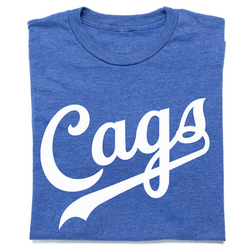 Blue crew-neck RAYGUN t-shirt with the word Cags printed in white script across the front, made with union labor.