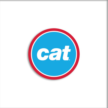 A RAYGUN die-cut vinyl sticker featuring the word cat in white lowercase letters, centered inside a blue circle with a red border.