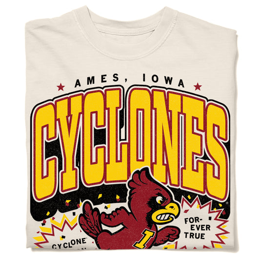 Off-white heavyweight cotton Iowa State T-shirt with a graphic that reads Ames, Iowa above large red and yellow Cyclones text, featuring a cardinal mascot and the phrase Forever True.