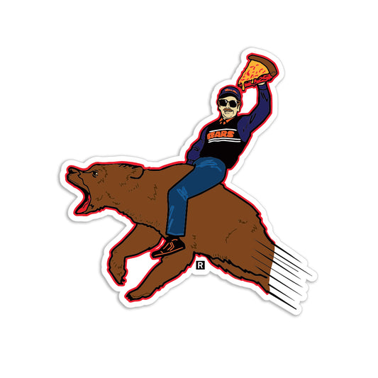 A man with a mustache and a Daaaaa Bears sweatshirt riding a brown bear while holding a slice of pizza in the air, depicted as a die-cut vinyl sticker.