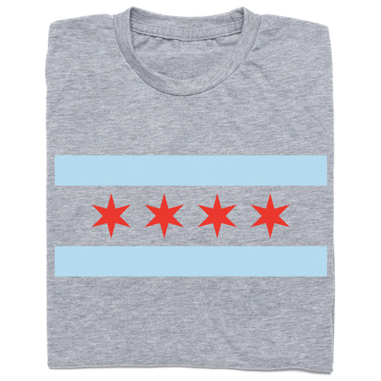 Heather gray t-shirt featuring the Chicago flag design with two light blue stripes and four red six-pointed stars.