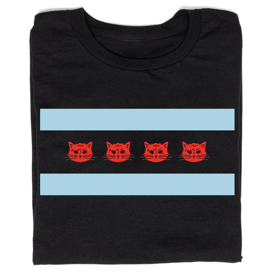 Black Chicago flag t-shirt featuring two light blue horizontal stripes with four red cat faces centered between them.
