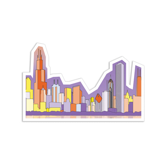 A stylized Chicago skyline die-cut sticker in shades of yellow, orange, and purple.