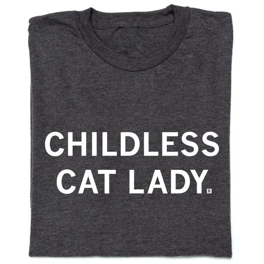 Charcoal t-shirt featuring the text CHILDLESS CAT LADY printed in white capital letters.