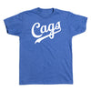 Blue short-sleeved RAYGUN t-shirt with the word Cags printed in white script across the chest.