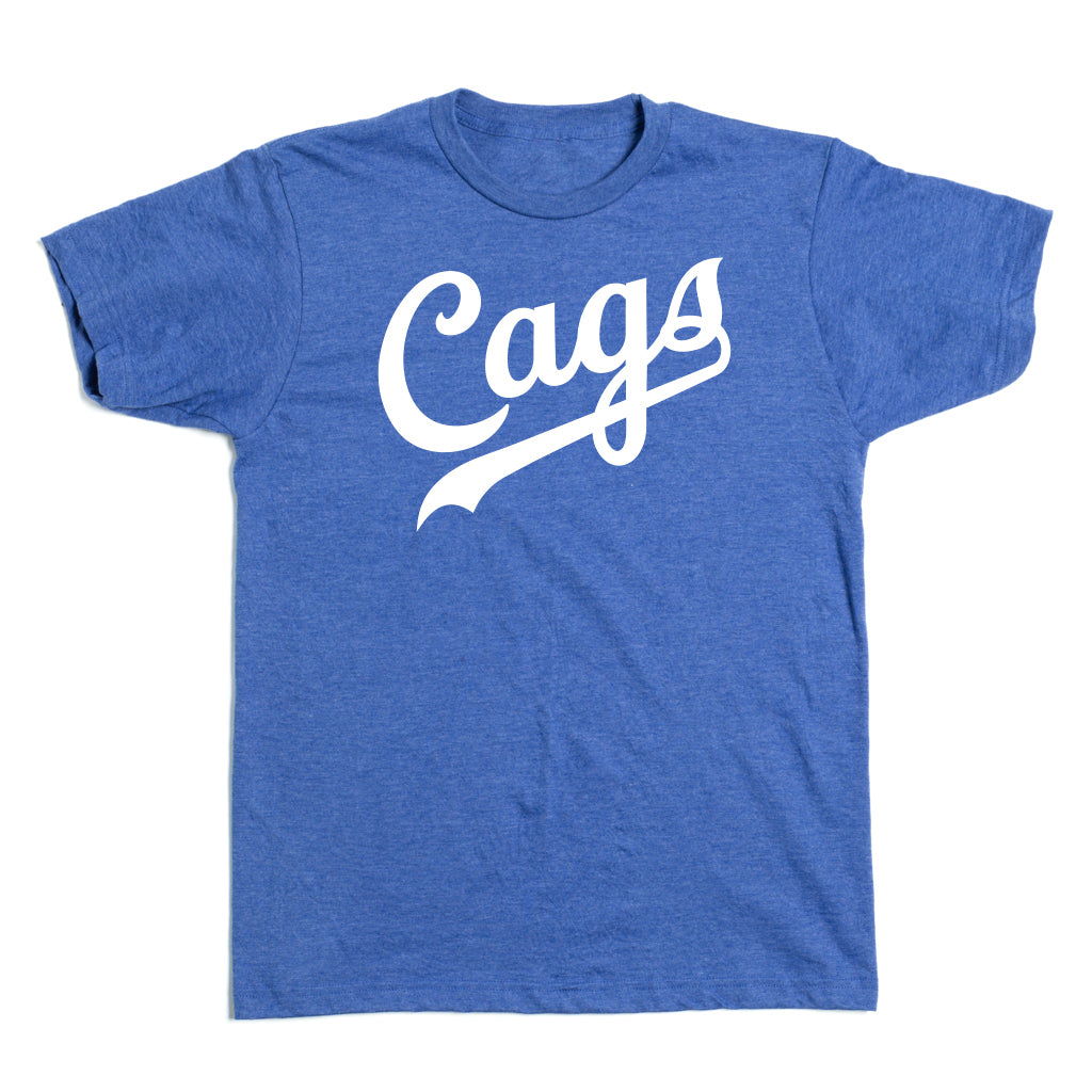 Blue short-sleeved RAYGUN t-shirt with the word Cags printed in white script across the chest.