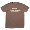Comfort Colors brown heavyweight t-shirt with off-white ink that says, "Camp Trashmore. Treasured since 1974." printed in a font reminiscent of old summer camps.
