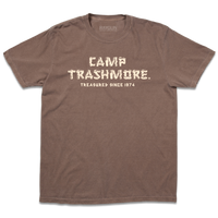Comfort Colors brown heavyweight t-shirt with off-white ink that says, "Camp Trashmore. Treasured since 1974." printed in a font reminiscent of old summer camps.