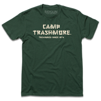 Short sleeve forest green t-shirt with off-white ink that says, "Camp Trashmore. Treasured since 1974." printed in a font reminiscent of old summer camps.