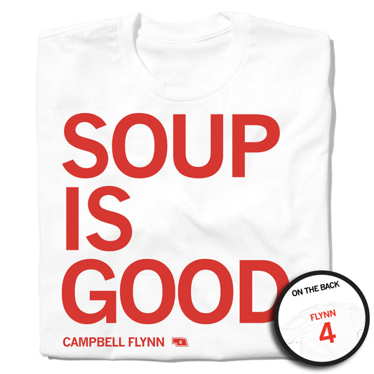 White RAYGUN t-shirt with SOUP IS GOOD and CAMPBELL FLYNN 4 printed in red on the front, and FLYNN 4 printed on the back.