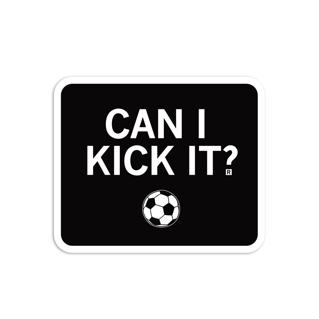 A black RAYGUN vinyl sticker that reads CAN I KICK IT? in white text above a graphic of a soccer ball.