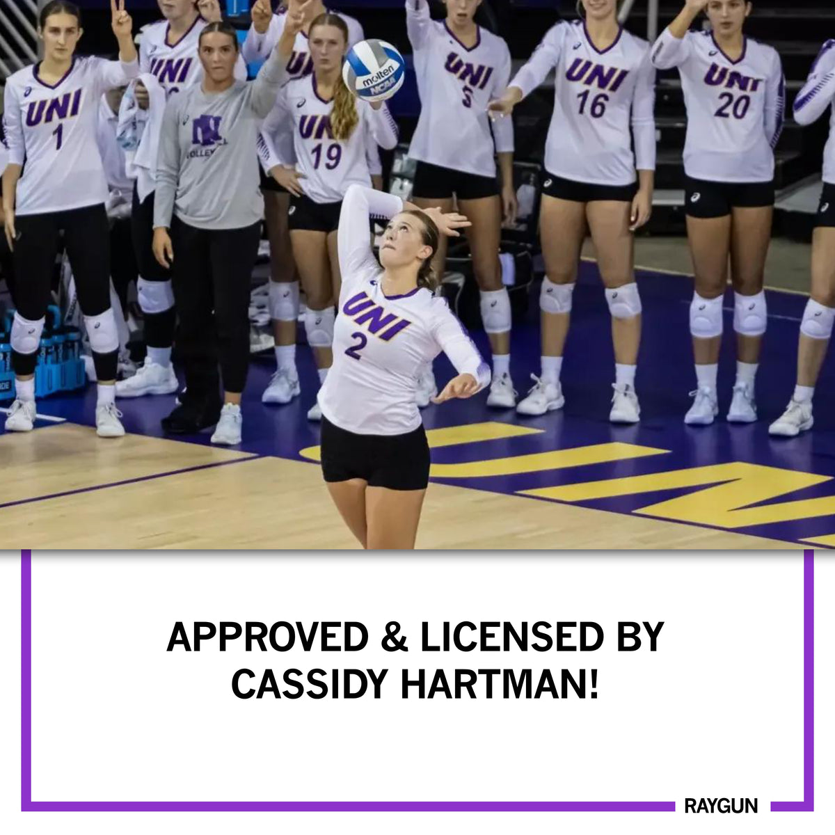 A volleyball player in a white UNI jersey serves a ball in front of her teammates on this heather grey t-shirt, with the text APPROVED & LICENSED BY CASSIDY HARTMAN! below.
