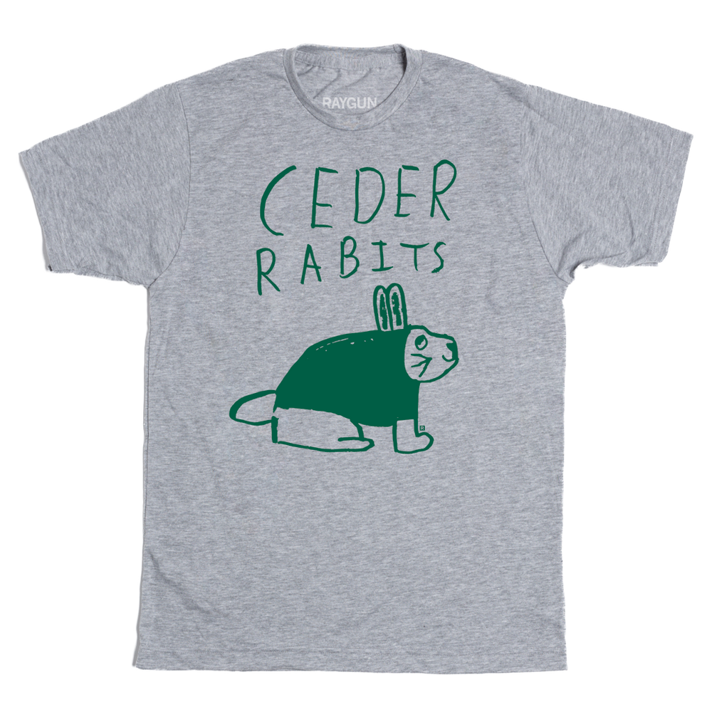 Short-sleeve heather grey t-shirt with kelly green ink that says, "Ceder Rabits" above an illustration of a rabbit. This shirt was designed by a kid taking part in a contest at our Cedar Rapids store.