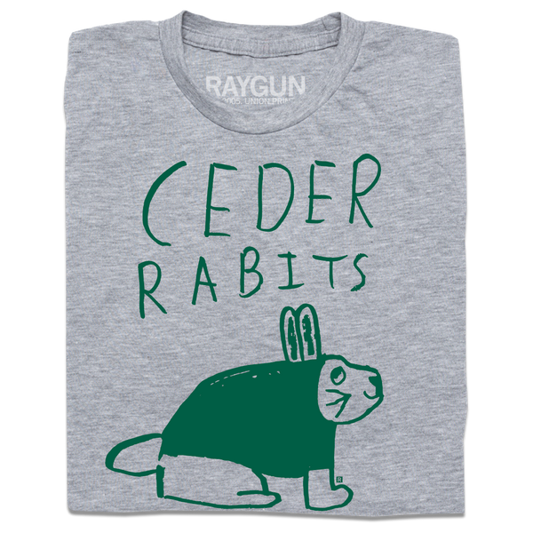 A folded heather grey t-shirt with kelly green ink that says, 