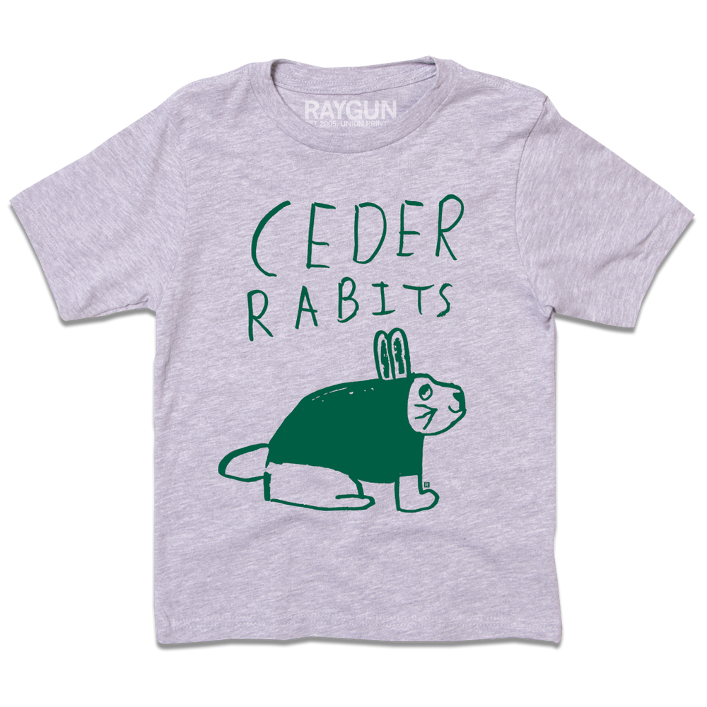 Kids heather grey t-shirt with kelly green ink that says, "Ceder Rabits" above an illustration of a rabbit. This shirt was designed by a kid taking part in a contest at our Cedar Rapids store.