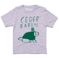Kids heather grey t-shirt with kelly green ink that says, "Ceder Rabits" above an illustration of a rabbit. This shirt was designed by a kid taking part in a contest at our Cedar Rapids store.