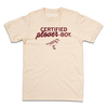 Cream t-shirt with dark red print text that says, "CERTIFIED plover-BOY" above an illustration of a plover facing the right