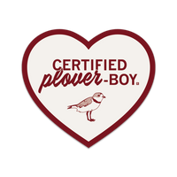 White heart-shaped die-cut sticker with a red border and red print that says, "Certified plover-boy" above a plover.