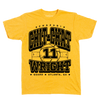 A heather mellow yellow shirt with black ink that says, "Chazadi Chit-Chat Wright. Guard. Atlanta, GA." over an illustration of a basketball court from a top down view with a large basketball in the center with the number 11 on it.