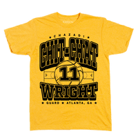A heather mellow yellow shirt with black ink that says, "Chazadi Chit-Chat Wright. Guard. Atlanta, GA." over an illustration of a basketball court from a top down view with a large basketball in the center with the number 11 on it.