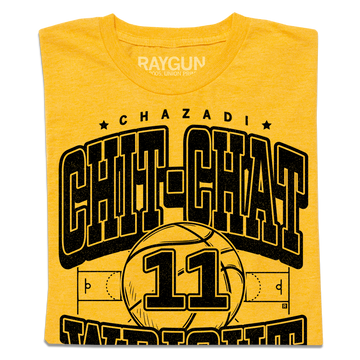 A folded heather yellow t-shirt with black ink that says, "Chazadi Chit-Chat Wright" over an illustration of a basketball court from a top down view with a large basketball in the center with the number 11 on it.