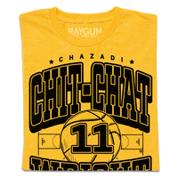 A folded heather yellow t-shirt with black ink that says, "Chazadi Chit-Chat Wright" over an illustration of a basketball court from a top down view with a large basketball in the center with the number 11 on it.