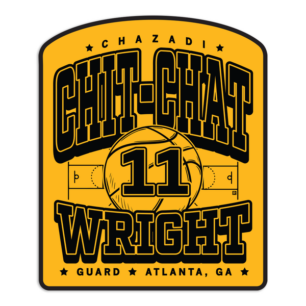 Yellow square sticker with a rounded top and black text that reads 