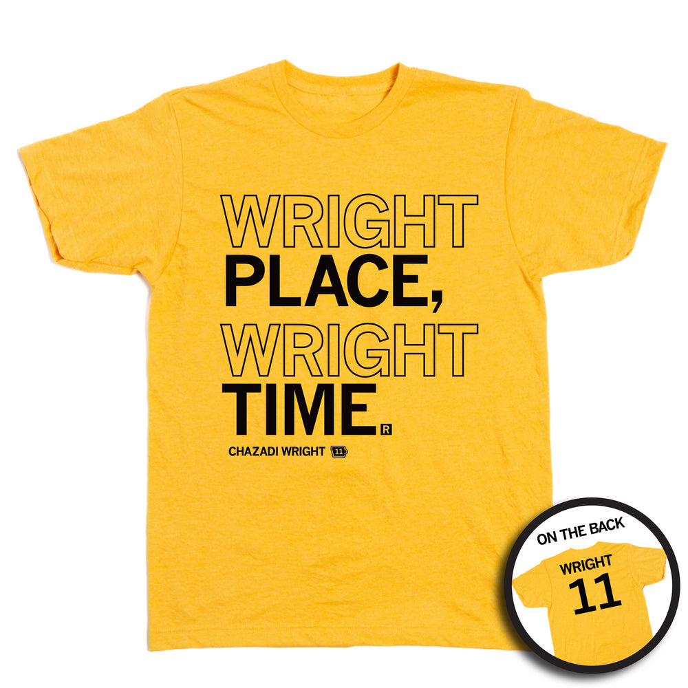 A Mellow Yellow shirt with black ink that says, "Wright place, Wright time. Chazadi Wright #11"