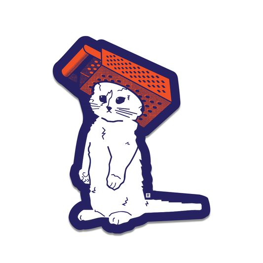 An orange, white, and navy die-cut sticker depicting RAYGUN's cat mascot Gary wearing a foam cheese grater hat.
