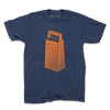 Heather Denim shirt with an orange ink print of a cheese grater in the center.