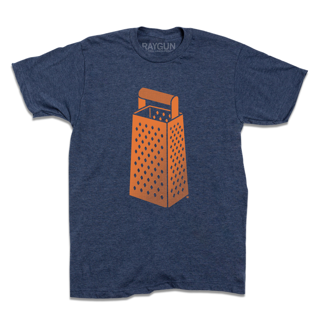 Heather Denim shirt with an orange ink print of a cheese grater in the center.