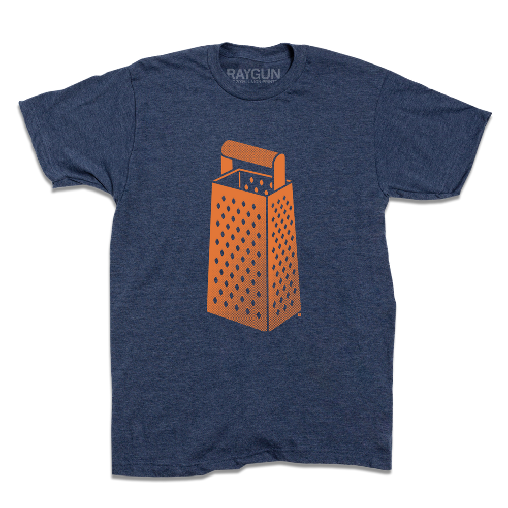 Heather Denim shirt with an orange ink print of a cheese grater in the center.