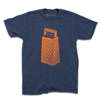 Heather Denim shirt with an orange ink print of a cheese grater in the center.