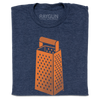 A folded heather navy t-shirt with an orange print of a cheese grater.