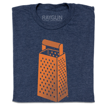 A folded heather navy t-shirt with an orange print of a cheese grater.