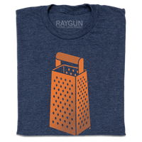 A folded heather navy t-shirt with an orange print of a cheese grater.