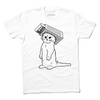 A white t-shirt with black ink depicting RAYGUN's cat mascot wearing a foam cheese grater hat.