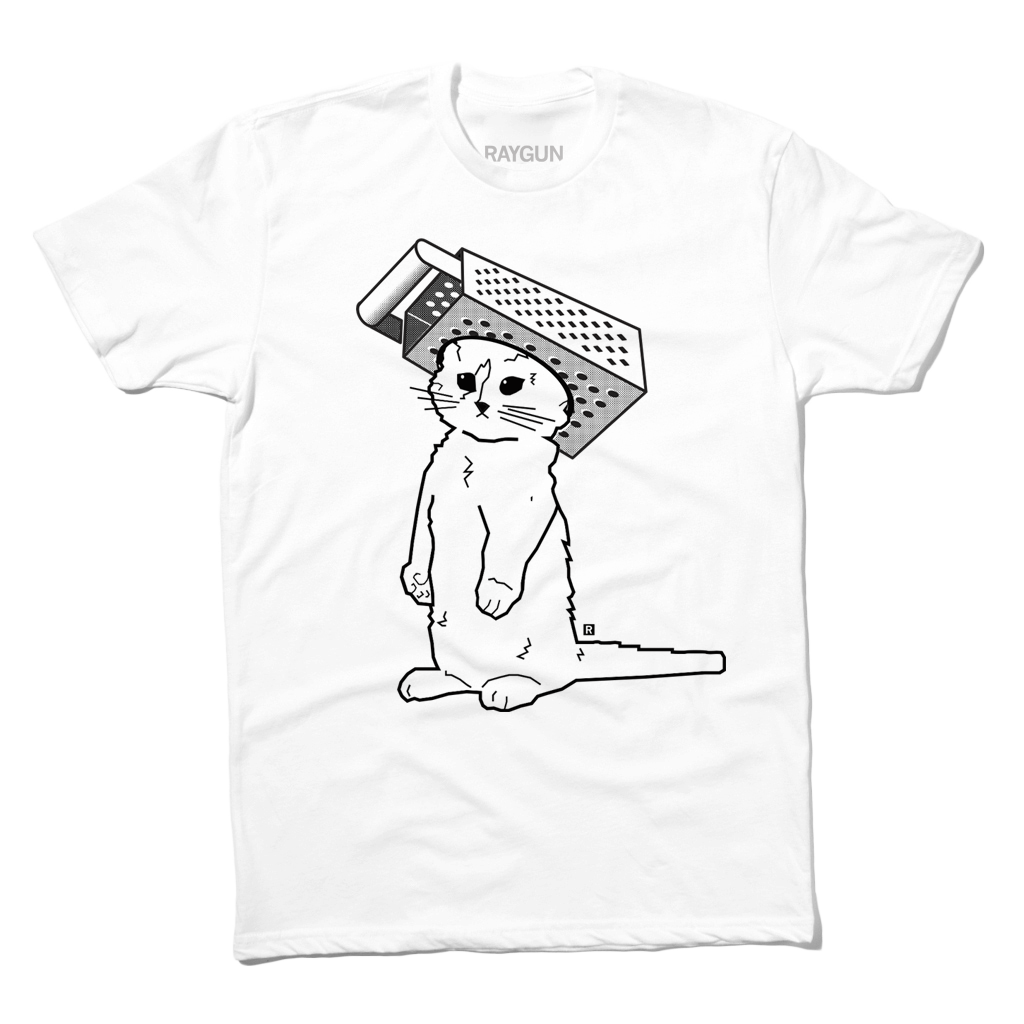 A white t-shirt with black ink depicting RAYGUN's cat mascot wearing a foam cheese grater hat.