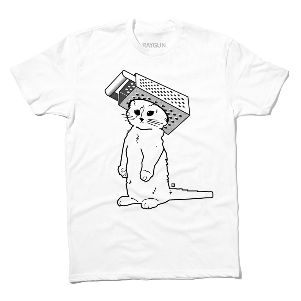 A white t-shirt with black ink depicting RAYGUN's cat mascot wearing a foam cheese grater hat.