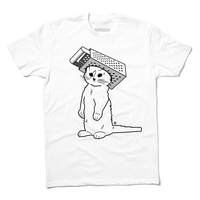 A white t-shirt with black ink depicting RAYGUN's cat mascot wearing a foam cheese grater hat.
