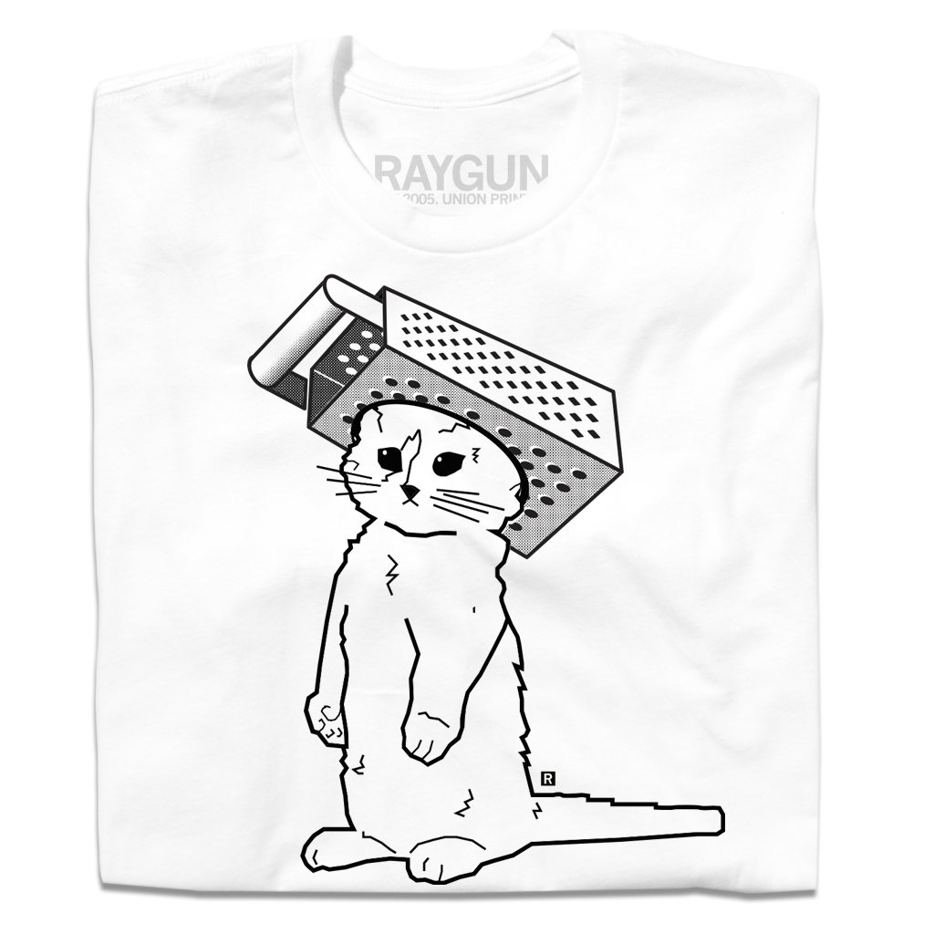 RAYGUN' cat mascot in black ink on a white shirt wearing a foam cheese grater hat.